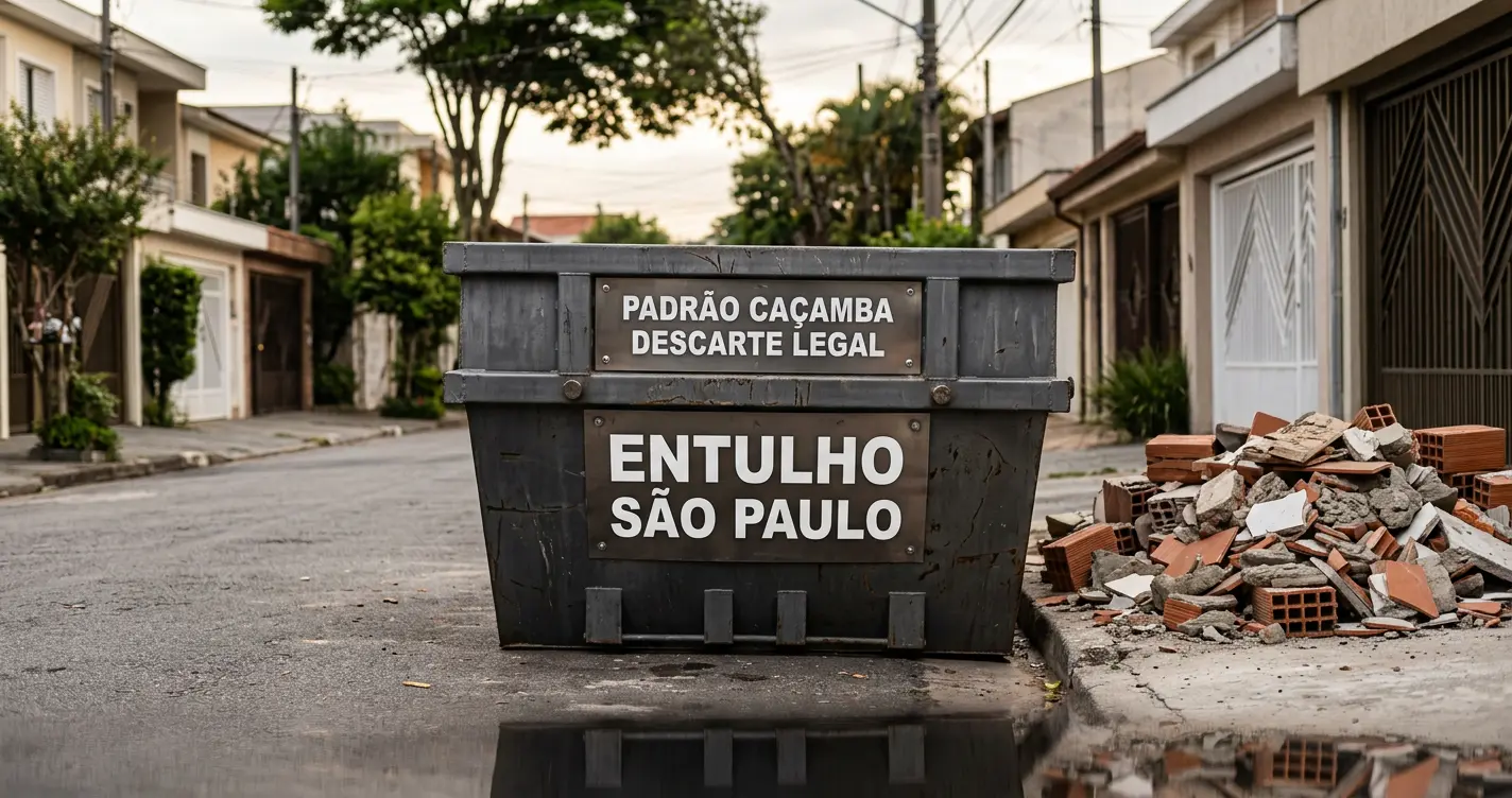 Caçamba estacionária em rua residencial de São Paulo com pilha organizada de entulho de reforma